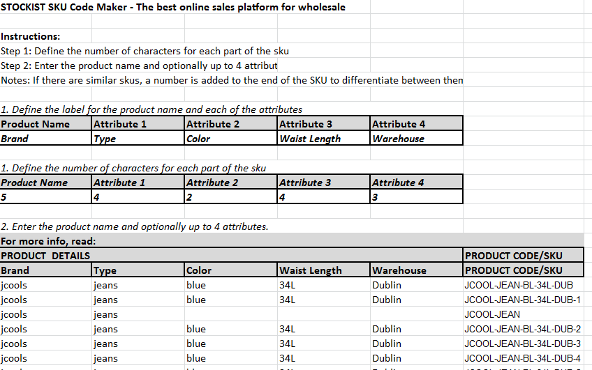 Free SKU Product Code Generator create excel template ordering system